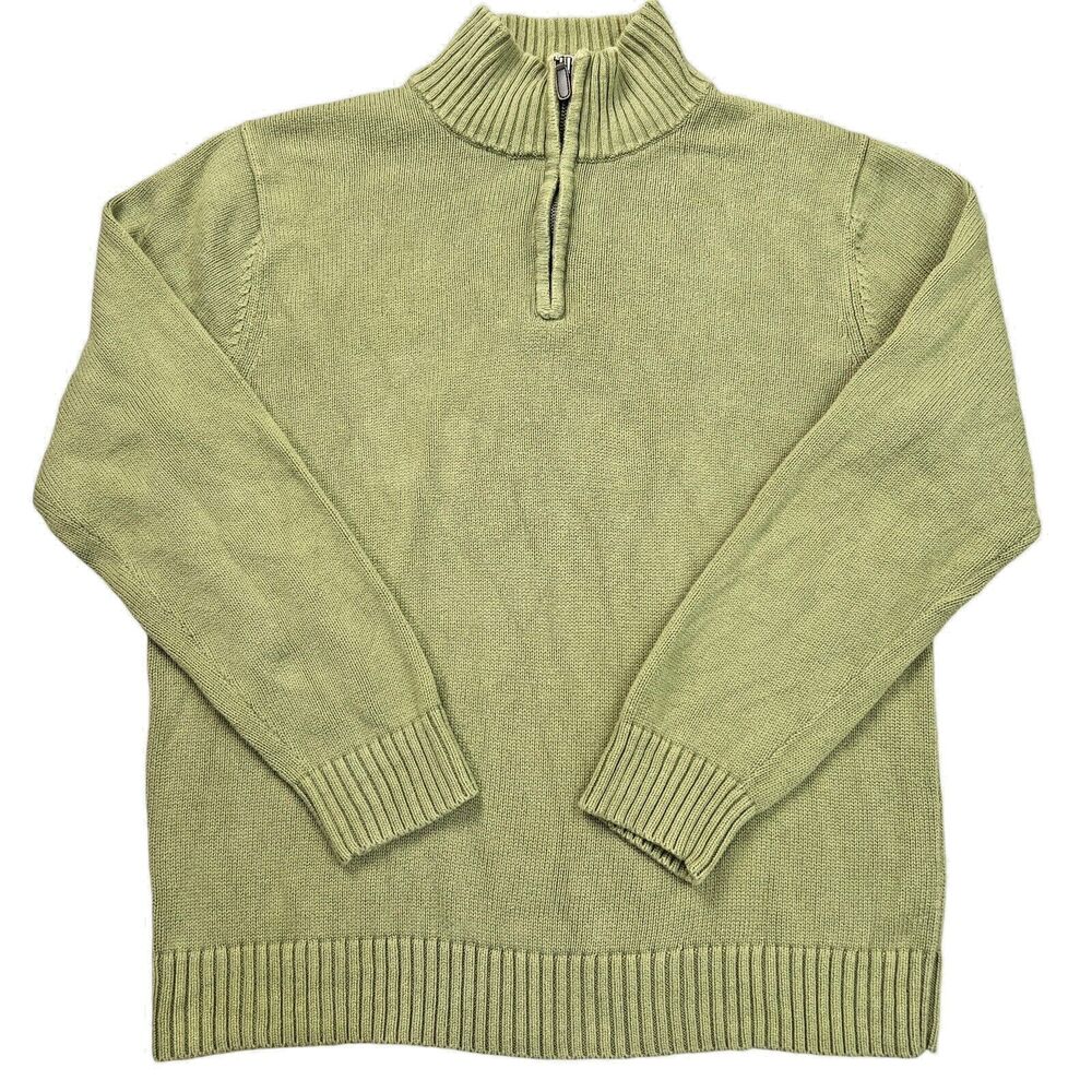 L.L. Bean Sweater Size Large Mens Green Cotton Quarter-Zip Pullover